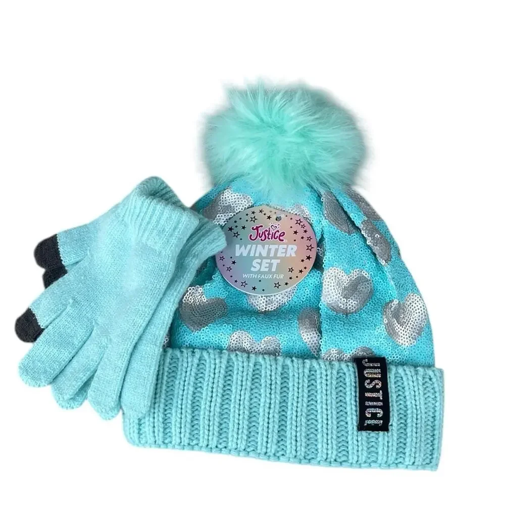 Justice Aqua Beanie Hat and Gloves Set with Silver Hearts NEW